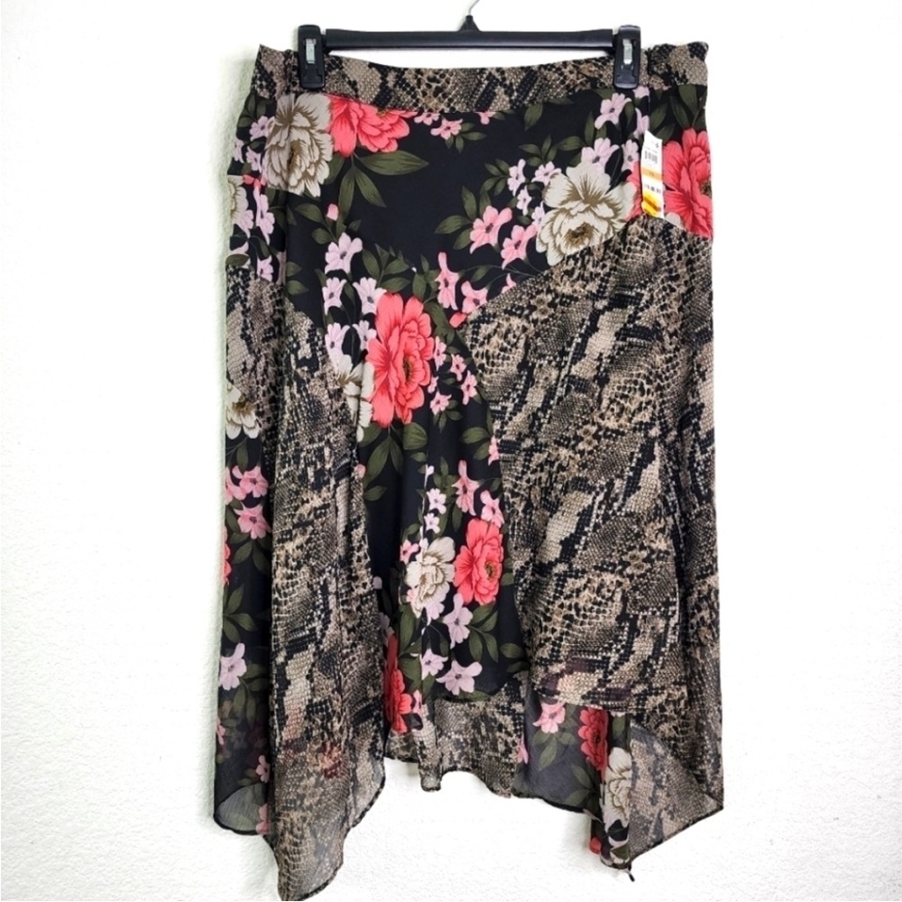 INC International Concepts Black and Pink Asymmetrical Wrap Midi Skirt